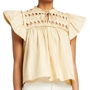 Sea New York Phoebe Cotton Poplin Smocked Flutter Sleeve Top Lt Tan SZ Medium